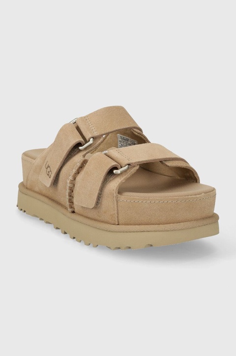 UGG klapki zamszowe Goldenstar Hi Slide damskie kolor beżowy na platformie 1155458 - zdjęcie produktu nr 1