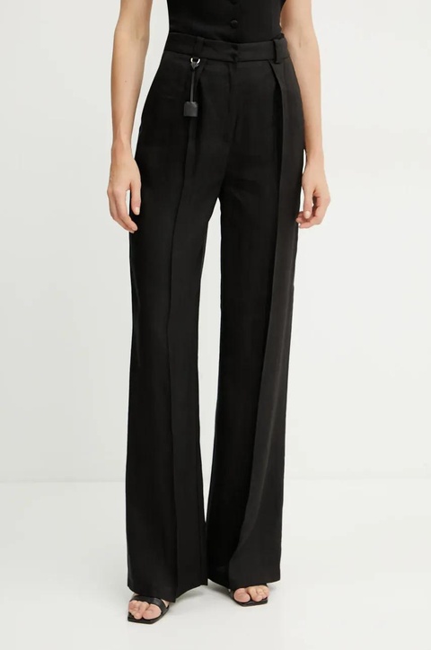 Elisabetta Franchi spodnie lniane damskie kolor czarny proste high waist PA09752E2 - zdjęcie produktu nr 1