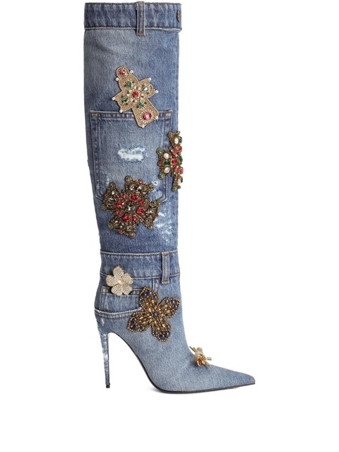 Dolce & Gabbana 105mm embroidered patchwork denim boots - Blue - zdjęcie produktu nr 1