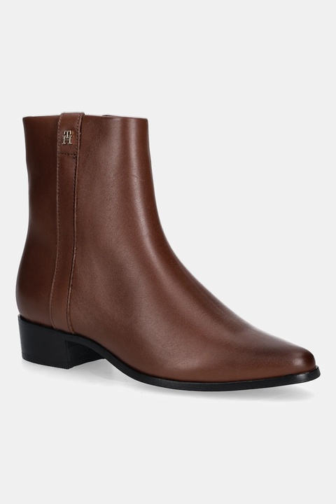 Tommy Hilfiger botki skórzane TH LEATHER POINTY ZIP BOOTIE damskie kolor brązowy na słupku FW0FW08980 - zdjęcie produktu nr 1