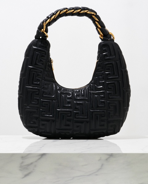 BALMAIN - Czarna torebka z tłoczonym monogramem Hobo - zdjęcie produktu nr 1