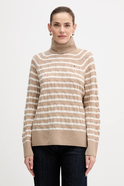 Tommy Hilfiger sweter wełniany damski kolor beżowy lekki z golfem WW0WW46791 - zdjęcie produktu nr 1
