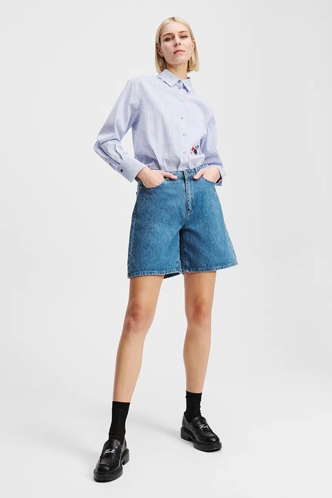 Karl Lagerfeld szorty jeansowe bawełniane damskie kolor niebieski z nadrukiem high waist A2W10151 - zdjęcie produktu nr 2
