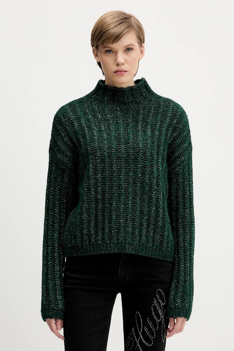 HUGO sweter z dodatkiem wełny damski kolor zielony ciepły z półgolfem 50550210 - zdjęcie produktu nr 1