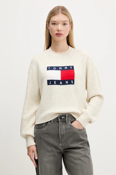 Tommy Jeans sweter z dodatkiem wełny damski kolor beżowy lekki DW0DW21782 - zdjęcie produktu nr 1
