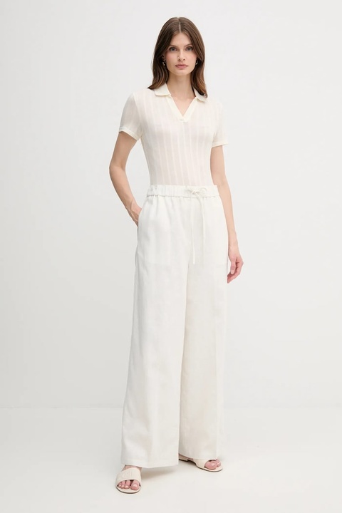 Calvin Klein spodnie lniane damskie kolor beżowy szerokie high waist LV044B676G - zdjęcie produktu nr 2