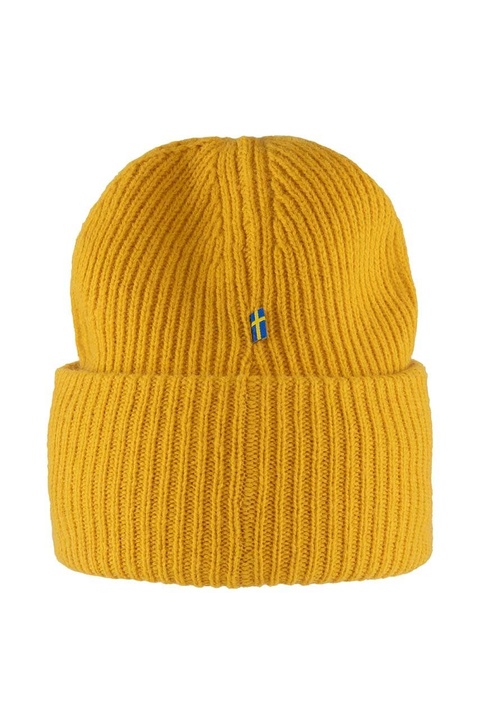 Fjallraven czapka wełniana 1962 Logo kolor żółty z grubej dzianiny wełniana - zdjęcie produktu nr 2