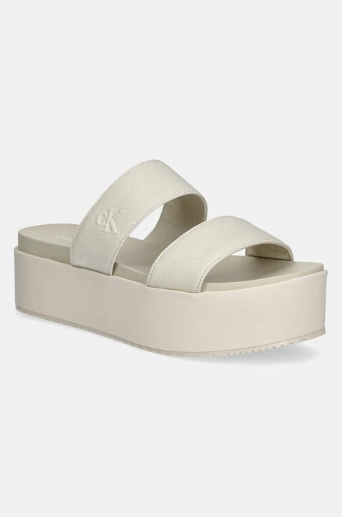 Calvin Klein Jeans klapki FLATFORM SANDAL WEBBING IN damskie kolor beżowy na platformie YW0YW01789 - zdjęcie produktu nr 1