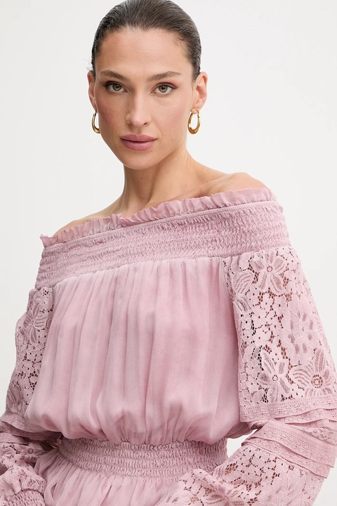 Guess bluzka z domieszką jedwabiu AUDREY damska kolor różowy wzorzysta W5GH0S WE550 - zdjęcie produktu nr 2