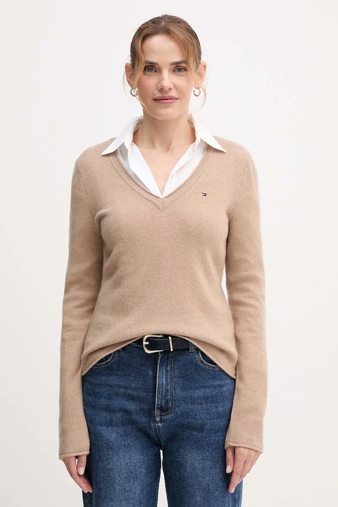 Tommy Hilfiger sweter wełniany damski kolor beżowy lekki WW0WW43505 - zdjęcie produktu nr 1