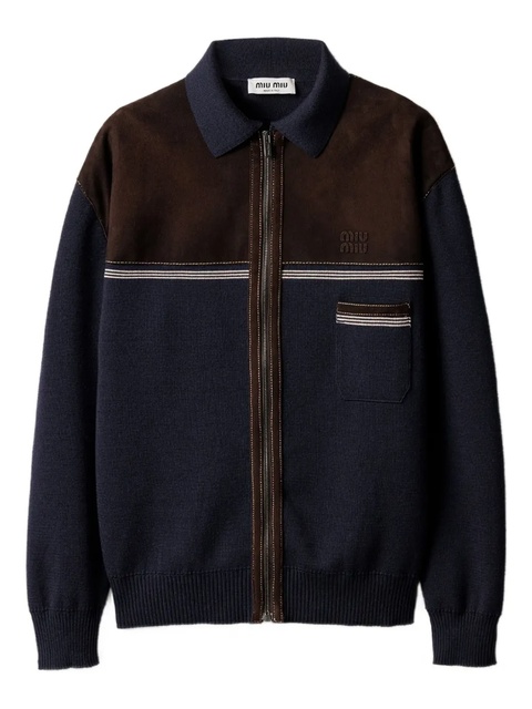 Miu Miu leather-panel wool cardigan - Blue - zdjęcie produktu nr 1
