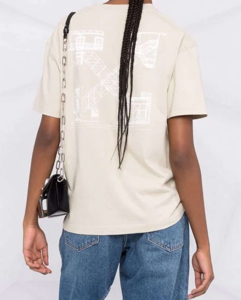 OFF-WHITE - Beżowy t-shirt z białym logo na plecach - zdjęcie produktu nr 2