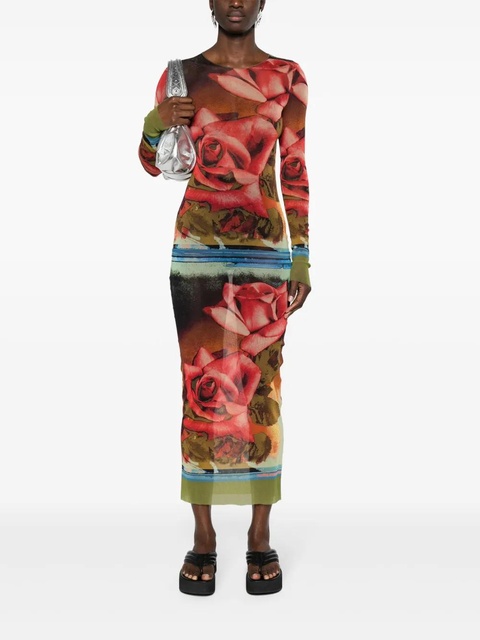 Jean Paul Gaultier rose-print mesh midi dress - Green - zdjęcie produktu nr 1