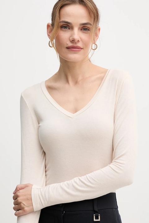 United Colors of Benetton longsleeve z domieszką kaszmiru kolor beżowy 3LRU3M076 - zdjęcie produktu nr 2