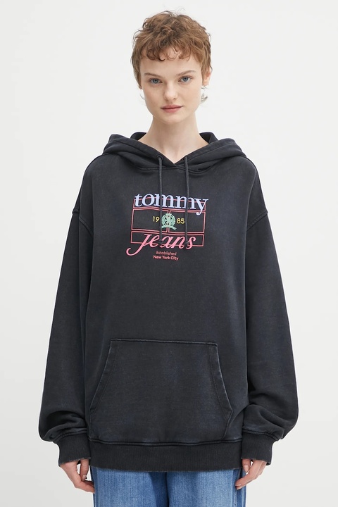 Tommy Jeans bluza bawełniana damska kolor czarny z kapturem z nadrukiem DW0DW22169 - zdjęcie produktu nr 1