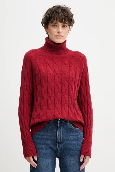 Tommy Hilfiger sweter wełniany damski kolor bordowy lekki z golfem WW0WW46791 - zdjęcie produktu nr 1