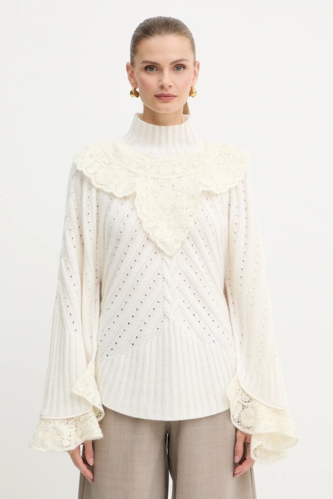 Twinset sweter z dodatkiem wełny damski kolor beżowy z półgolfem 252TS3353 - zdjęcie produktu nr 1