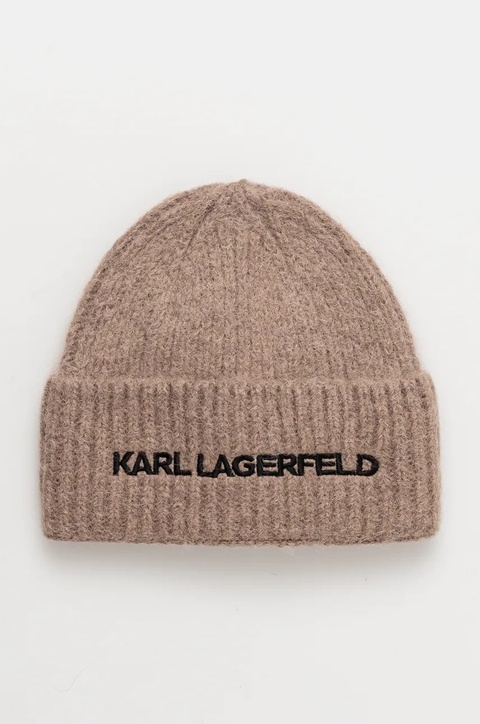 Karl Lagerfeld czapka wełniana kolor brązowy z grubej dzianiny wełniana 246W3411 - zdjęcie produktu nr 1
