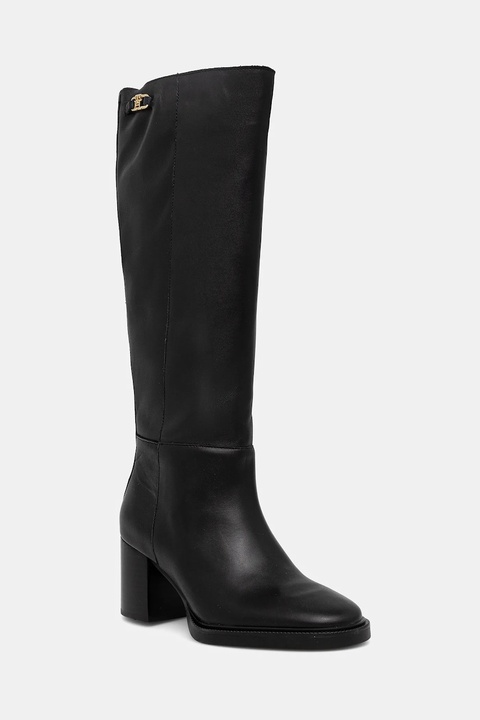 Tommy Hilfiger kozaki skórzane STACKED HEEL LEATHER LONG BOOT damskie kolor czarny na słupku FW0FW08865 - zdjęcie produktu nr 1