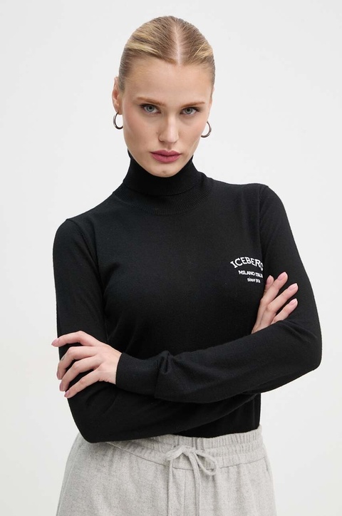 Iceberg sweter wełniany damski kolor czarny lekki z golfem A008 9000 - zdjęcie produktu nr 1
