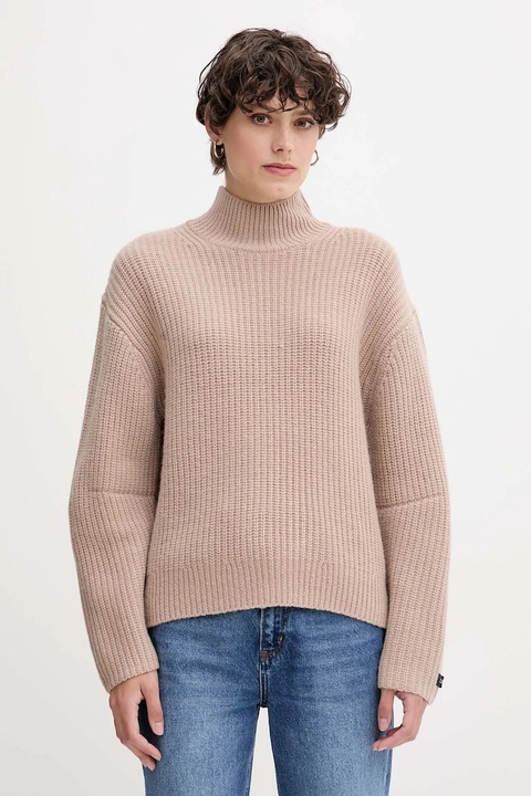 Calvin Klein Jeans sweter z dodatkiem wełny damski kolor brązowy z półgolfem LV044D329G - zdjęcie produktu nr 1