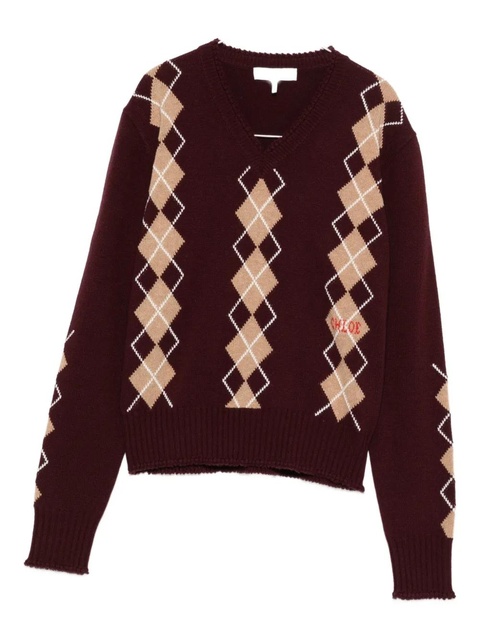 Chloé V-neck argyle-knit jumper - Red - zdjęcie produktu nr 1