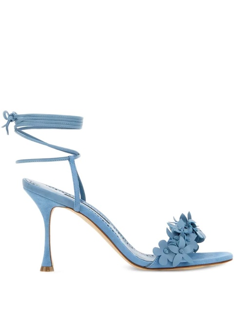 Manolo Blahnik 90mm flower-embellished lace-up heeled sandals - Blue - zdjęcie produktu nr 1