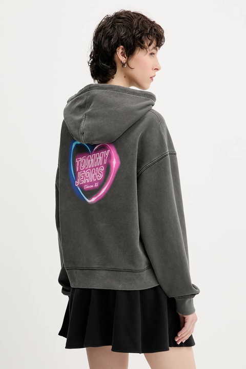 Tommy Jeans bluza bawełniana damska kolor szary z kapturem wzorzysta DW0DW20945 - zdjęcie produktu nr 1