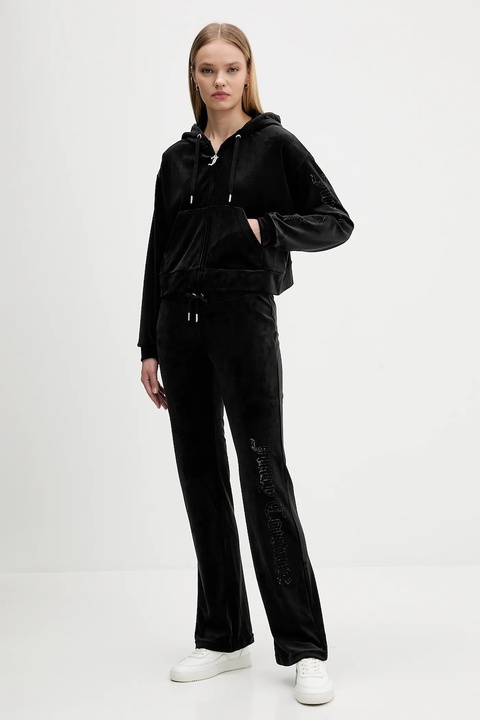 Juicy Couture bluza welurowa damska kolor czarny z kapturem gładka JCWAS225310 - zdjęcie produktu nr 2