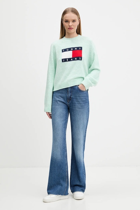 Tommy Jeans sweter z dodatkiem wełny damski kolor turkusowy lekki DW0DW21782 - zdjęcie produktu nr 1