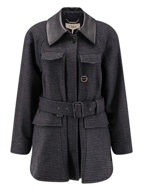 Chloé leather-collar houndstooth-pattern trench - Grey - zdjęcie produktu nr 2