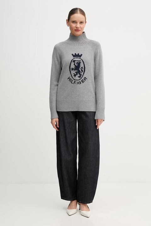 Tommy Hilfiger sweter z dodatkiem wełny damski kolor szary z półgolfem WW0WW46434 - zdjęcie produktu nr 2
