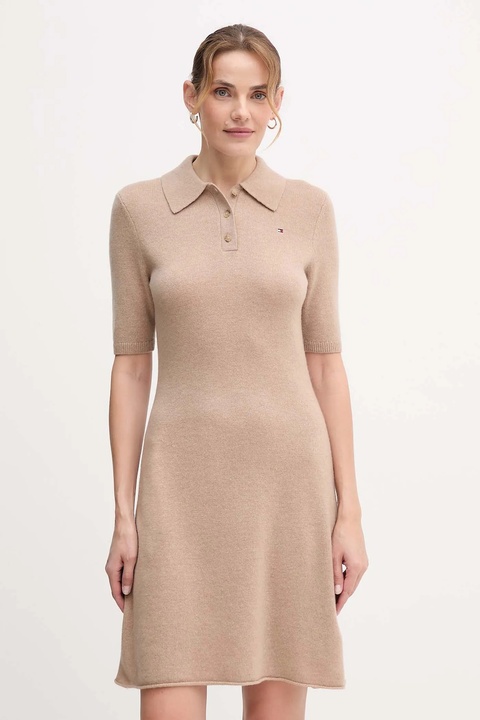Tommy Hilfiger sukienka wełniana kolor beżowy mini rozkloszowana WW0WW46436 - zdjęcie produktu nr 1