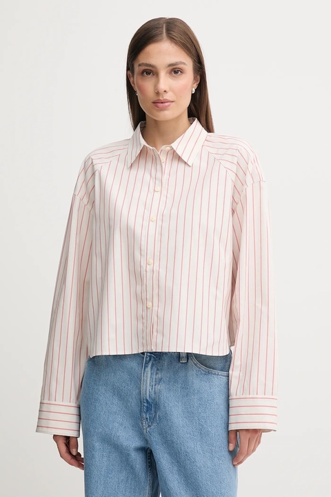 Calvin Klein Jeans koszula bawełniana damska kolor beżowy relaxed z kołnierzykiem klasycznym LV047C118G - zdjęcie produktu nr 1