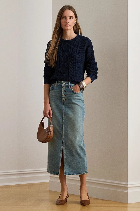 Lauren Ralph Lauren spódnica jeansowa kolor niebieski midi prosta 200P03635 - zdjęcie produktu nr 1