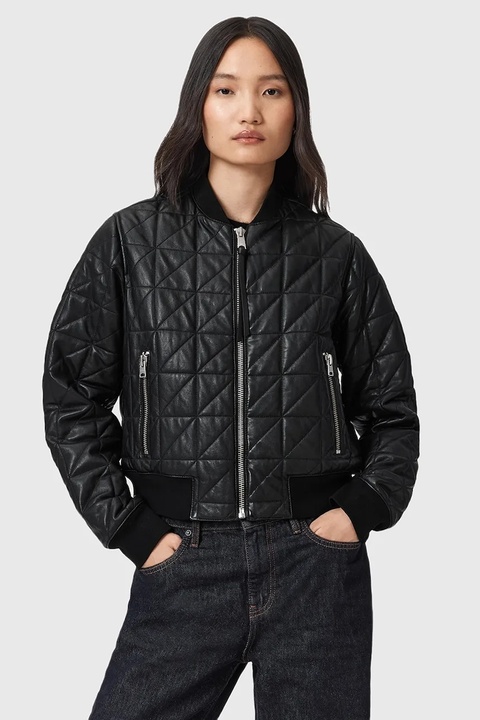 AllSaints kurtka bomber skórzana CARLY kolor czarny przejściowa W013LD - zdjęcie produktu nr 1