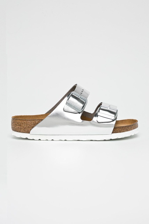 Birkenstock klapki skórzane Arizona damskie kolor srebrny - zdjęcie produktu nr 2