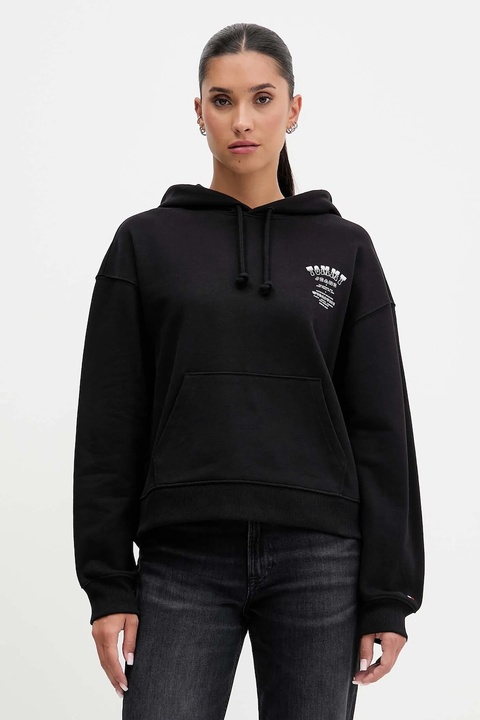 Tommy Jeans bluza bawełniana damska kolor czarny z kapturem z nadrukiem DW0DW21785 - zdjęcie produktu nr 1