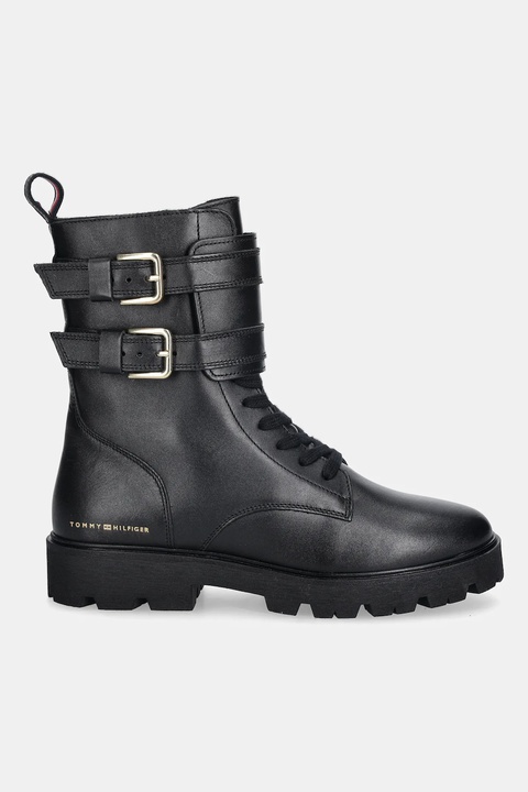 Tommy Hilfiger botki skórzane TH LTHR BIKER LACEUP damskie kolor czarny na płaskim obcasie FW0FW08986 - zdjęcie produktu nr 1