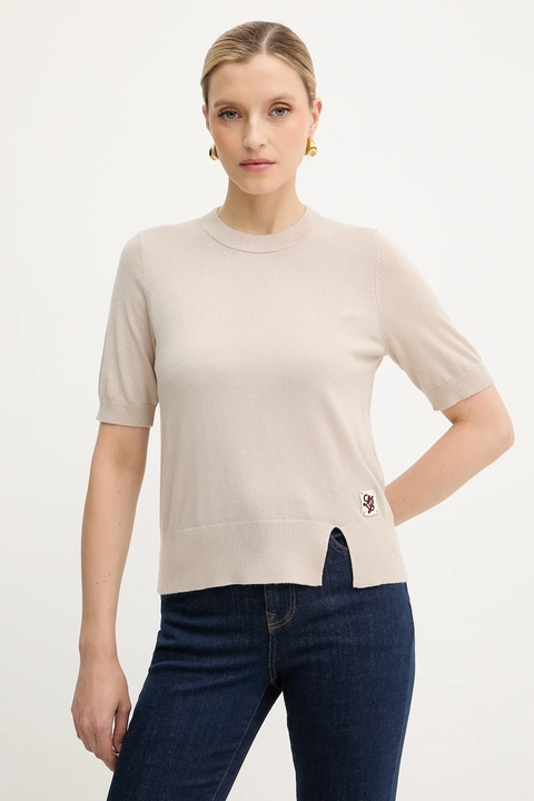 Liu Jo t-shirt z domieszką wełny damski kolor beżowy MF5377 MA16R - zdjęcie produktu nr 1