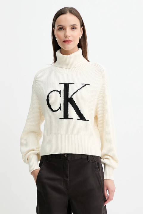 Calvin Klein Jeans sweter bawełniany damski kolor beżowy ciepły z golfem LV047D349G - zdjęcie produktu nr 1