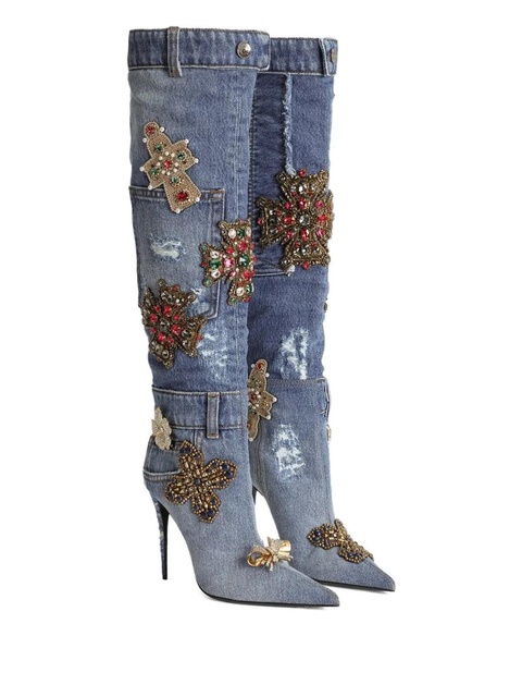 Dolce & Gabbana 105mm embroidered patchwork denim boots - Blue - zdjęcie produktu nr 1