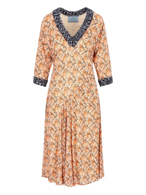 Prada floral-print V-neck midi dress - Orange - zdjęcie produktu nr 2