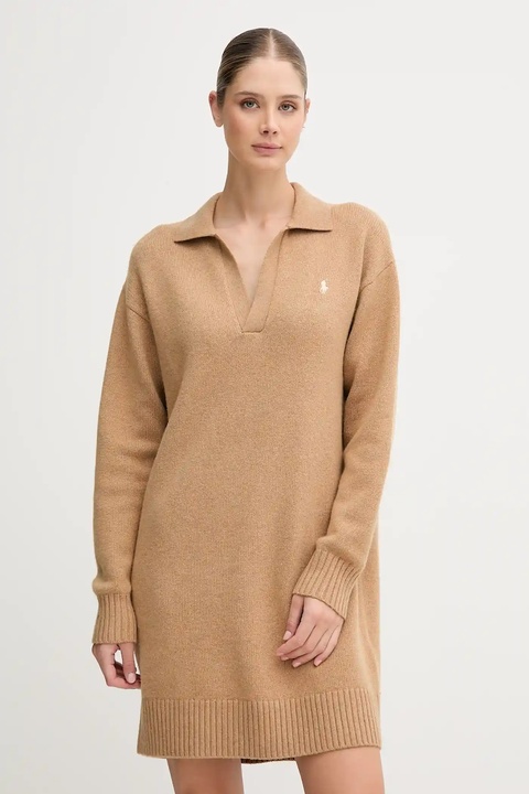 Polo Ralph Lauren sukienka z wełną kolor beżowy mini oversize 211A91143 - zdjęcie produktu nr 1