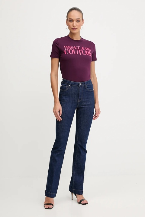 Versace Jeans Couture t-shirt bawełniany damski kolor fioletowy 79HAHE05 CJ00E - zdjęcie produktu nr 2