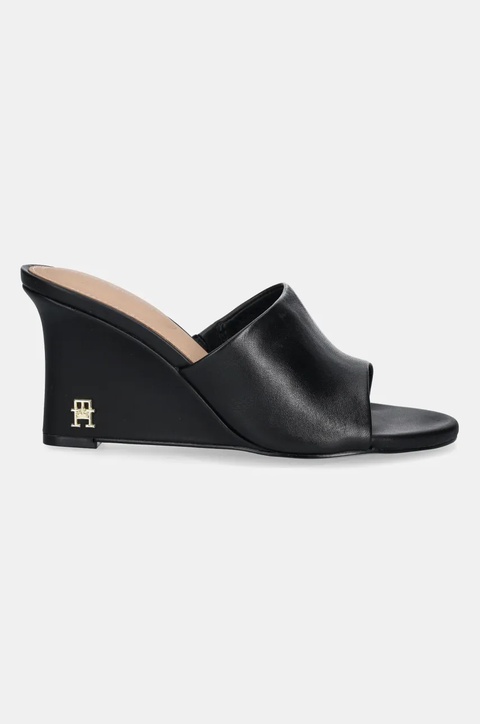 Tommy Hilfiger klapki LEATHER WEDGE MULE damskie kolor czarny na koturnie FW0FW08418 - zdjęcie produktu nr 2