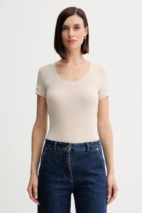 Guess t-shirt z domieszką jedwabiu TINA kolor beżowy W5YP11 KCNH2 - zdjęcie produktu nr 1