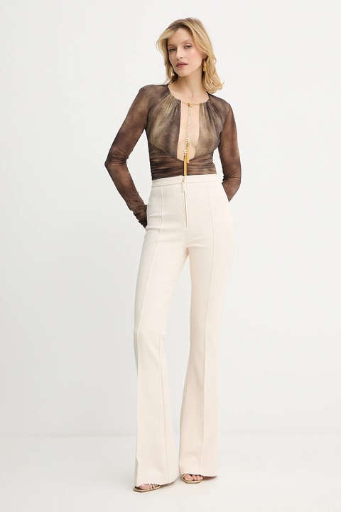 Elisabetta Franchi spodnie damskie kolor beżowy dzwony high waist PA12256E2 - zdjęcie produktu nr 1