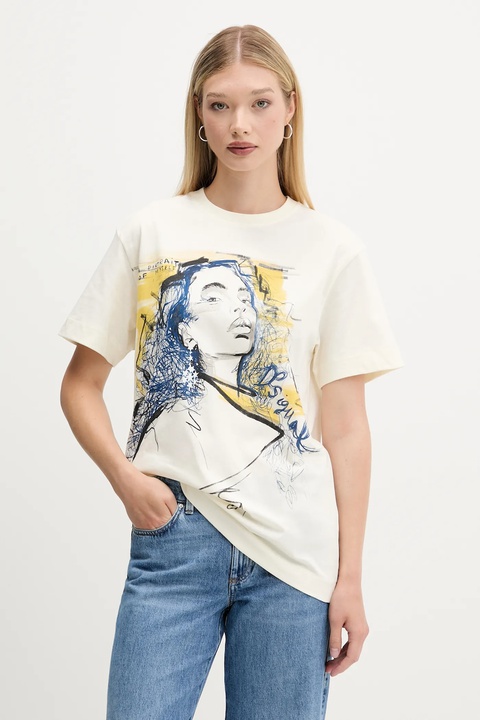 Desigual t-shirt bawełniany PORTRAIT damski kolor beżowy 25WWTK05 - zdjęcie produktu nr 1