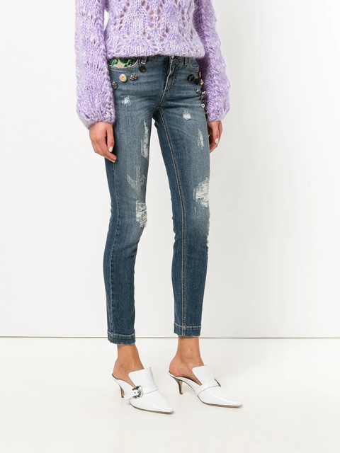 Dolce & Gabbana button embellished and brocade appliqué distressed jeans - Blue - zdjęcie produktu nr 2